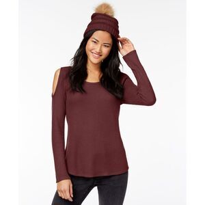 Self E Juniors Waffle Knit Cold Shoulder Top Faux Fur Trimmed Beanie